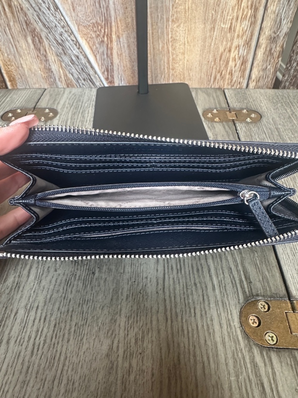 Michael Kors Navy MK Logo Zip Wallet with Silver Hardware - Picture 8 of 12